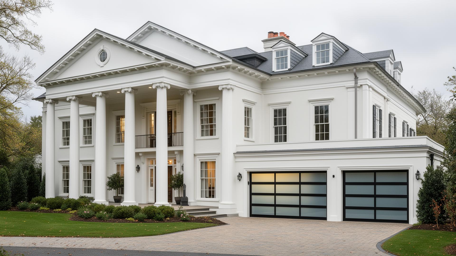 Beautiful Georgian mansion with modern glass and aluminum garage doors - professional garage door installation by Garage Door South Chatham