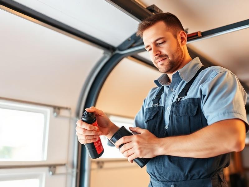 Professional garage door technician performing maintenance service on residential garage door